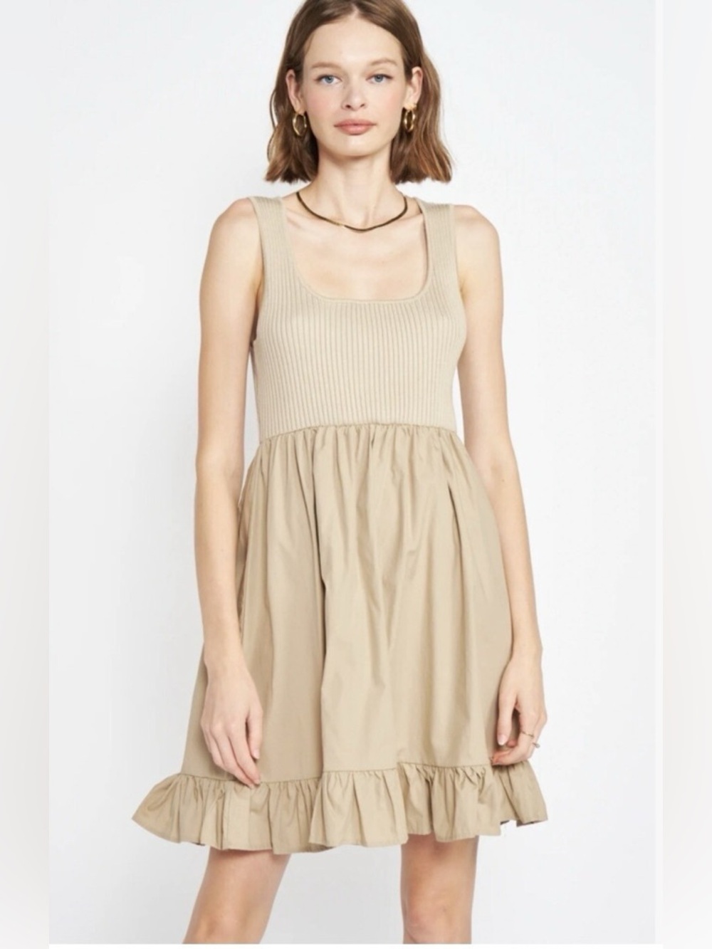 EN SAISON Women's Khaki Mixed Media Ruffle Skirt Stretch Mini Dress Size M